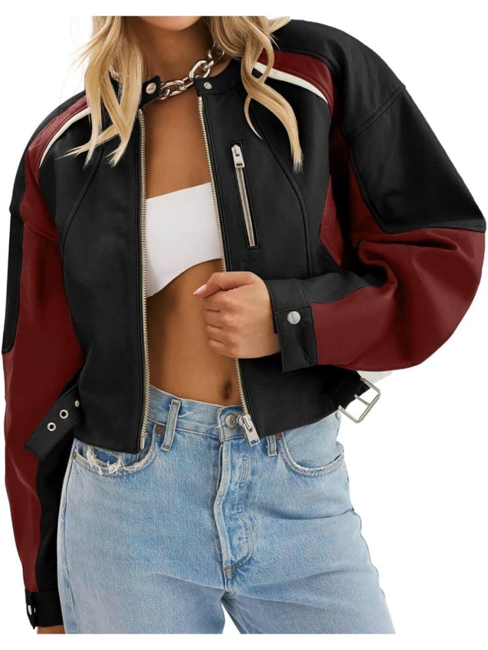 Women's Black Faux Leather Comfortable Zip Up Color Block Casual Bomber Jackets